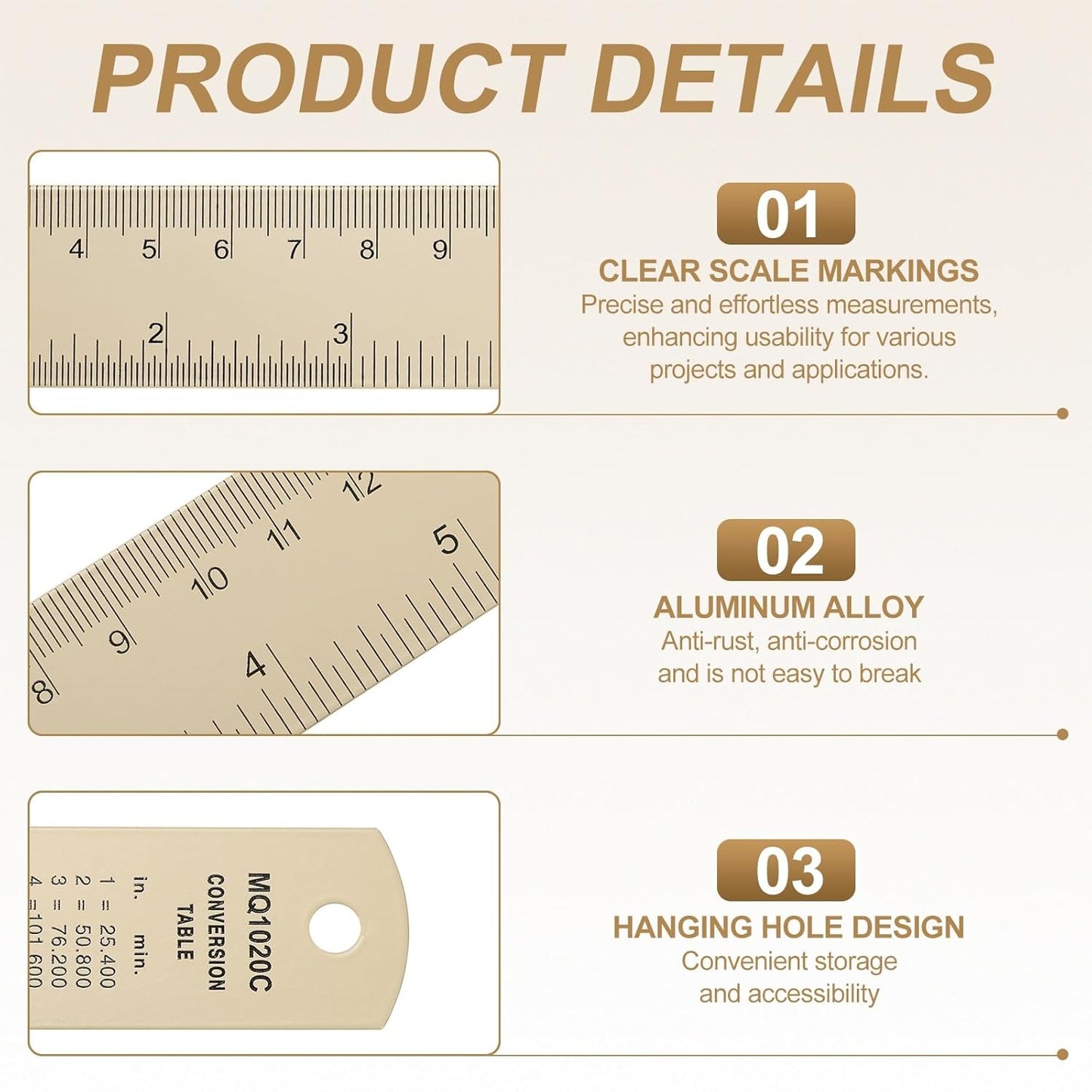 HARFINGTON 2pcs Metal Straight Ruler 20cm Metric SAE Aluminum Alloy Measuring Rulers Scale Tool with Hole for Measure Study Reading Classroom Office, Beige