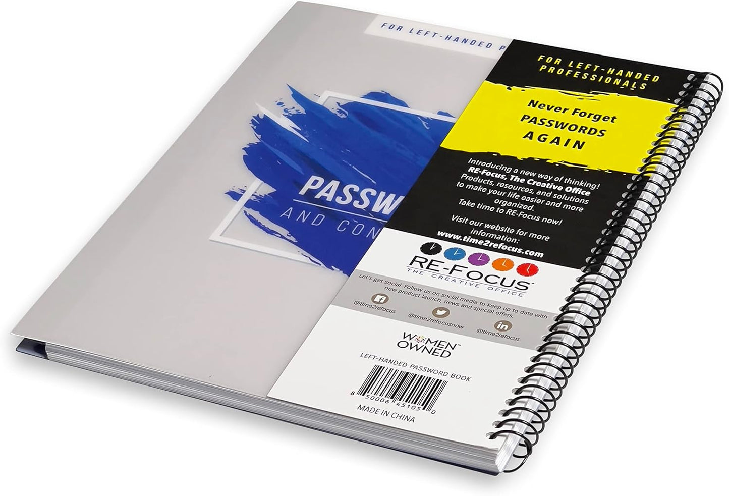 RE-FOCUS THE CREATIVE OFFICE, Left-Handed Password Keeper Book, Spiral with Alphabetical Tabs. Passwords, Usernames and Contacts. Blue, Durable and lasts. Perfect for Lefties (Blue)
