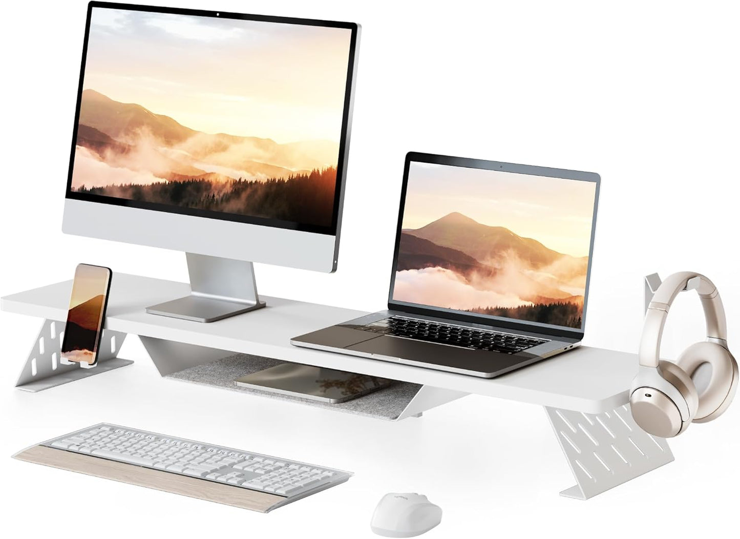 Fenge Dual Monitor Stand, 42.5 Inch Monitor Riser for Desk, Wood Desk Shelf for 2 Monitors, 2 Tier Monitor Shelf with Headphone Stand & Phone Holder