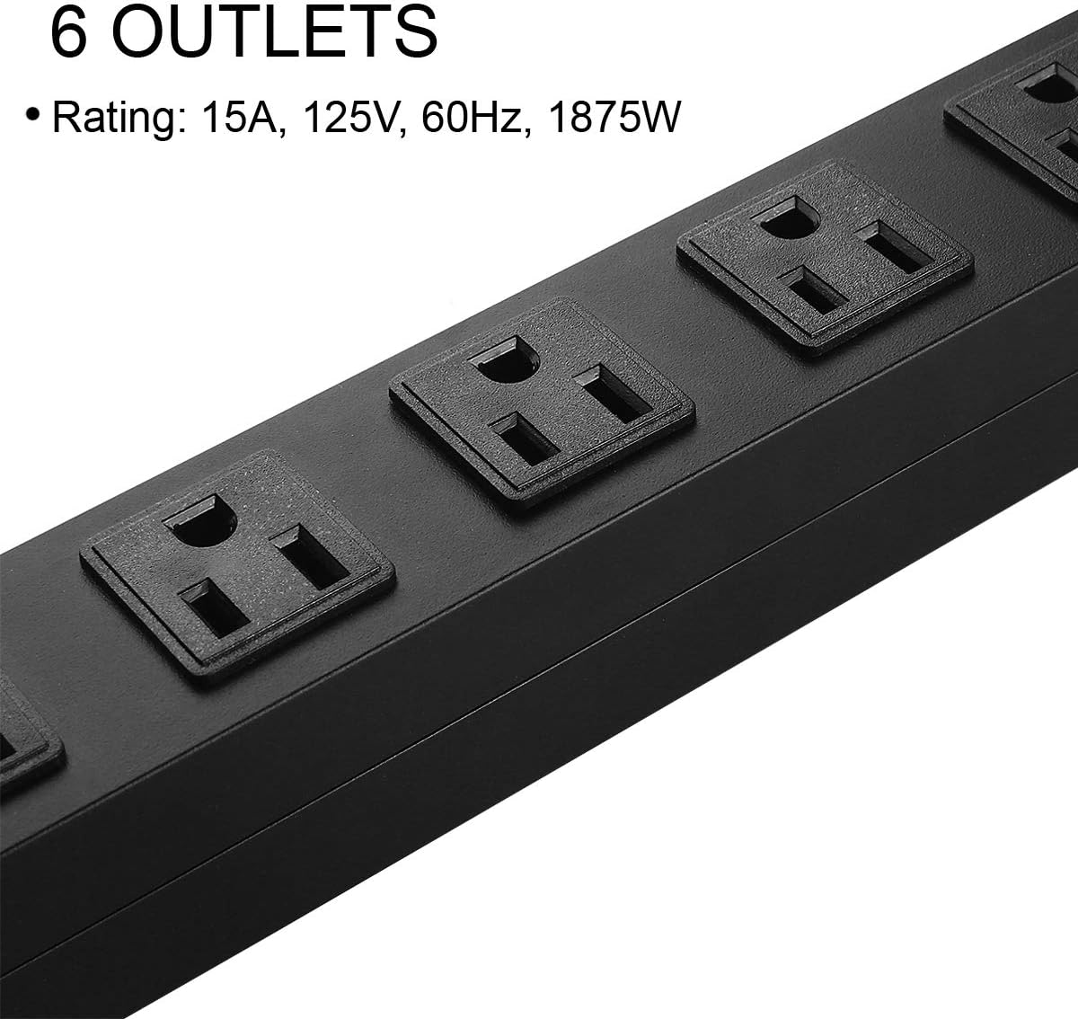Metal Wall Mount Power Strip, Mountable Power Outlet with 6 AC Outlets, Aluminum Alloy Mount Power Socket with Switch, 6 FT SJT 3/C 14AWG Power Cord, 15A 125V 1875W (6AC) Black