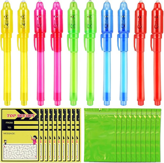10 Pcs Invisible Ink Pens with UV Led dark light, Word Search & Maze Activities Cards and Bags Included, End of School Year Gift, Fun for Kids' Birthday, Halloween, Christmas, Goodie bag stuffers