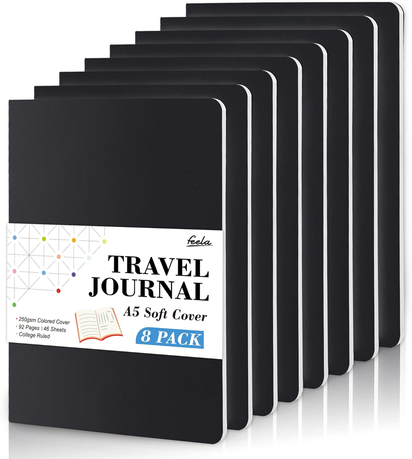 8 Pack Soft Cover Journal Bulk, Feela Notebooks College Ruled for Work, Lined Travel Journal for Women Men, Note Taking Notebook School Supplies Business Writing, 8.2” x 5.5”, A5, Black