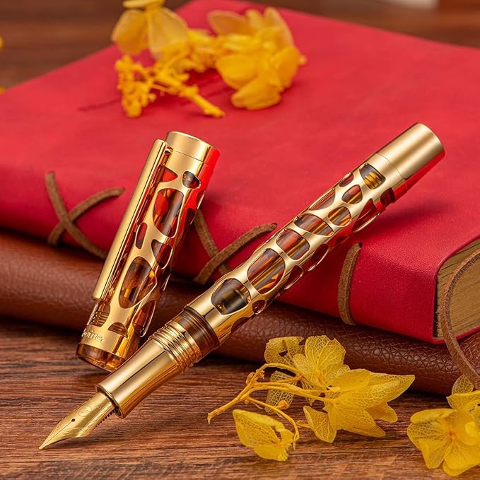 Asvine V169 Vacuum Filling Fountain Pen Extra Fine Nib, Water Drop Skeleton Gold Trim Transparent Coffee Acrylic Pen Case Set