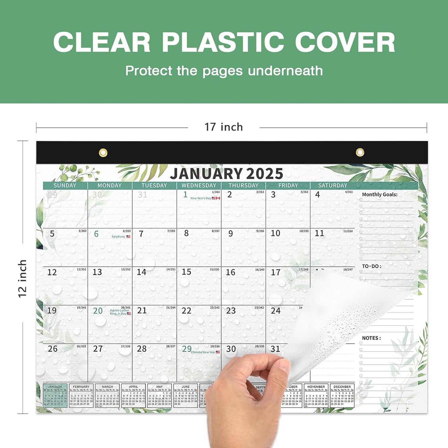 Ospelelf Desk Calendar 2025-2026, Magnetic Fridge Wall Calendar, 18 Month Monthly Large Calendar Planner with Plastic Cover Floral 17" X 12" Green Leaves