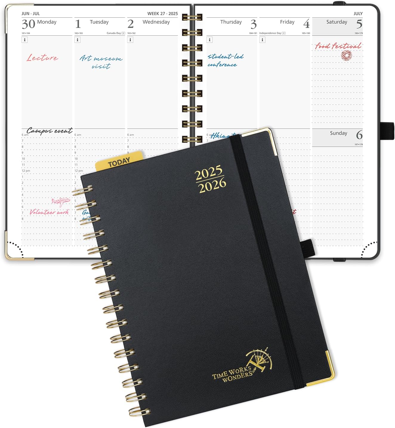 POPRUN Academic Planner 2025-2026 (July 2025-June 2026), Daily Weekly and Monthly Appointment Book (Wirebound Hard Cover - 6.25'' x 8.5'') with Hourly Time Slots, Tabs, 100 GSM - Black