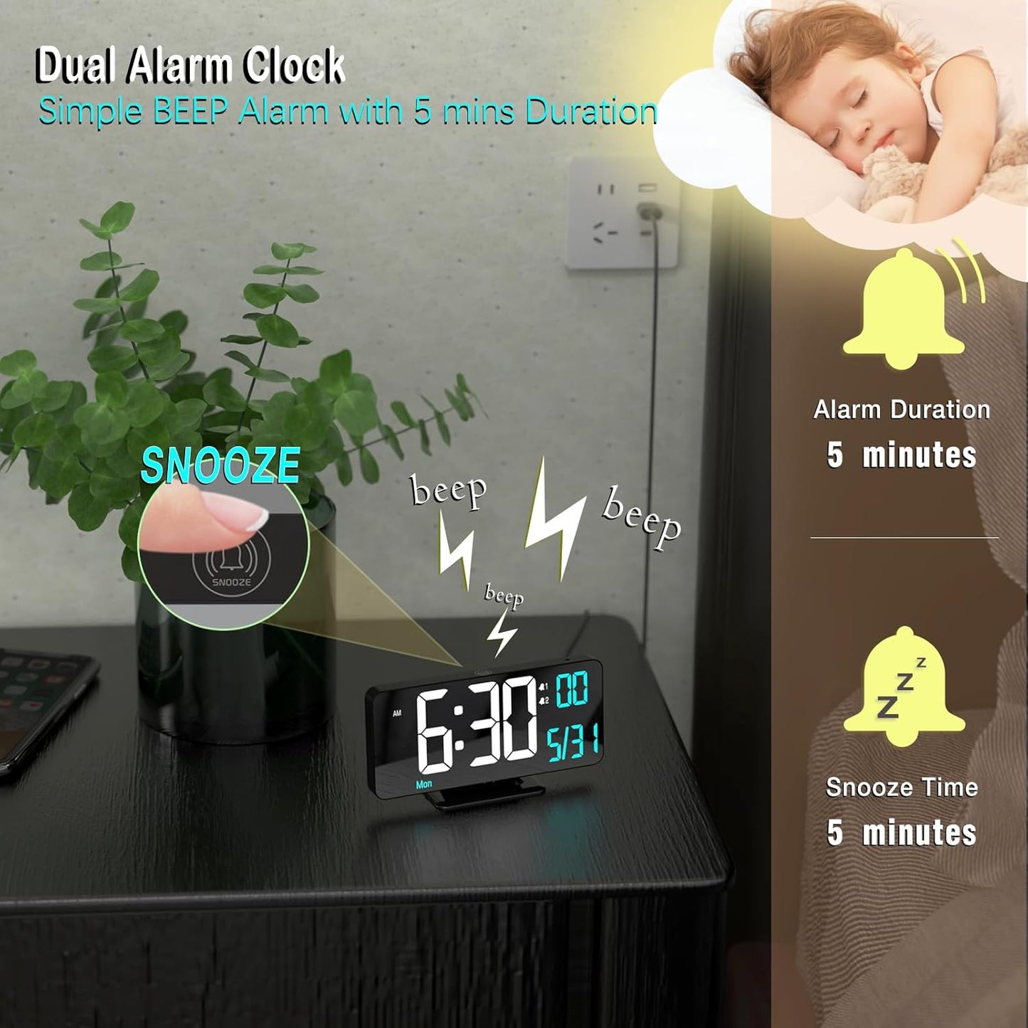 KOSUMOSU Digital Alarm Clock 6.7in Black Clock for Bedroom, Dual Alarm, Date, Seconds,Day of Week,12/24h,Dimming, Temp, Desk Clock, LED Clock for Living Room, Calendar Digital Clock