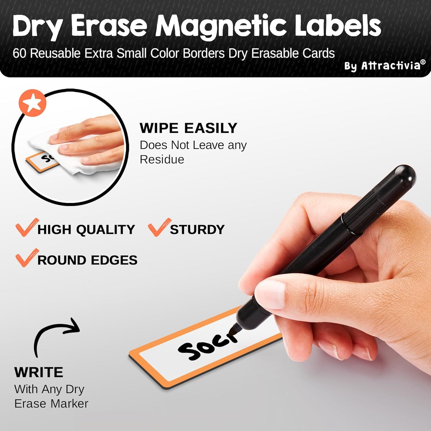 Dry Erase Magnetic Labels 2.8 x 1.2 in, Color Borders, Dry Erase Magnets, 60-Pack, White Erasable Write-On All-Purpose Labels, for Office, Education, Home, Whiteboard, Magnetic Name Tags