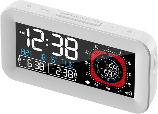Digital Dual Alarm Clock for Bedroom,Visual Timer Clock for Kids,Dual Display Countdown Stopwatch Timer Dual Alarm Clock, Time Management Station for Homeschooling Teaching Home Kitchen Office (White)