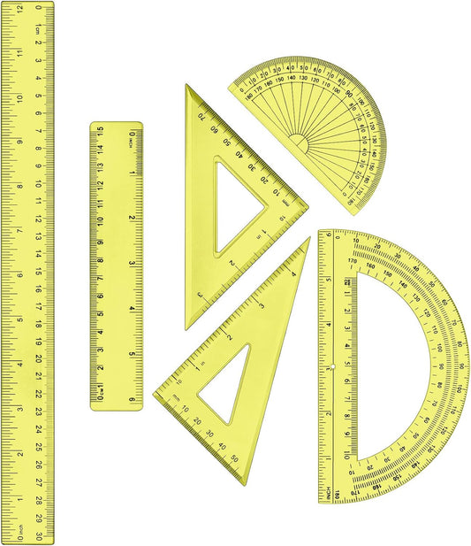 Tenare 1 Set Plastic Clear Math Set Includes Protractor Triangle Rulers 12 Inch 6 Inch Straight Geometry Math Transparent Ruler Measuring Tool for School Office Home Supplies(Yellow)