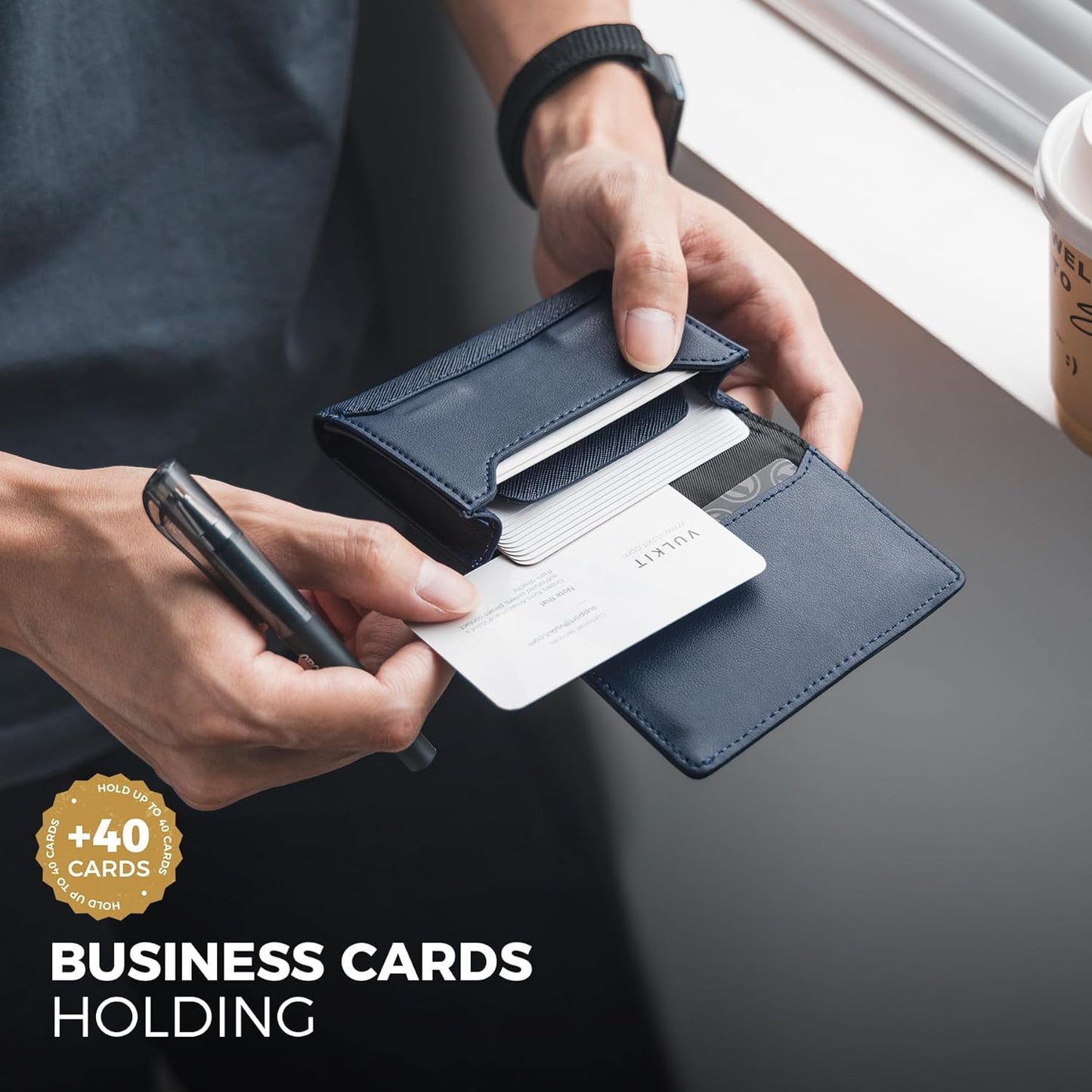 VULKIT Business Card Holder Premium Leather RFID Blocking Card Case With ID Window Magnetic Closure Holds Up to 40 Business Cards
