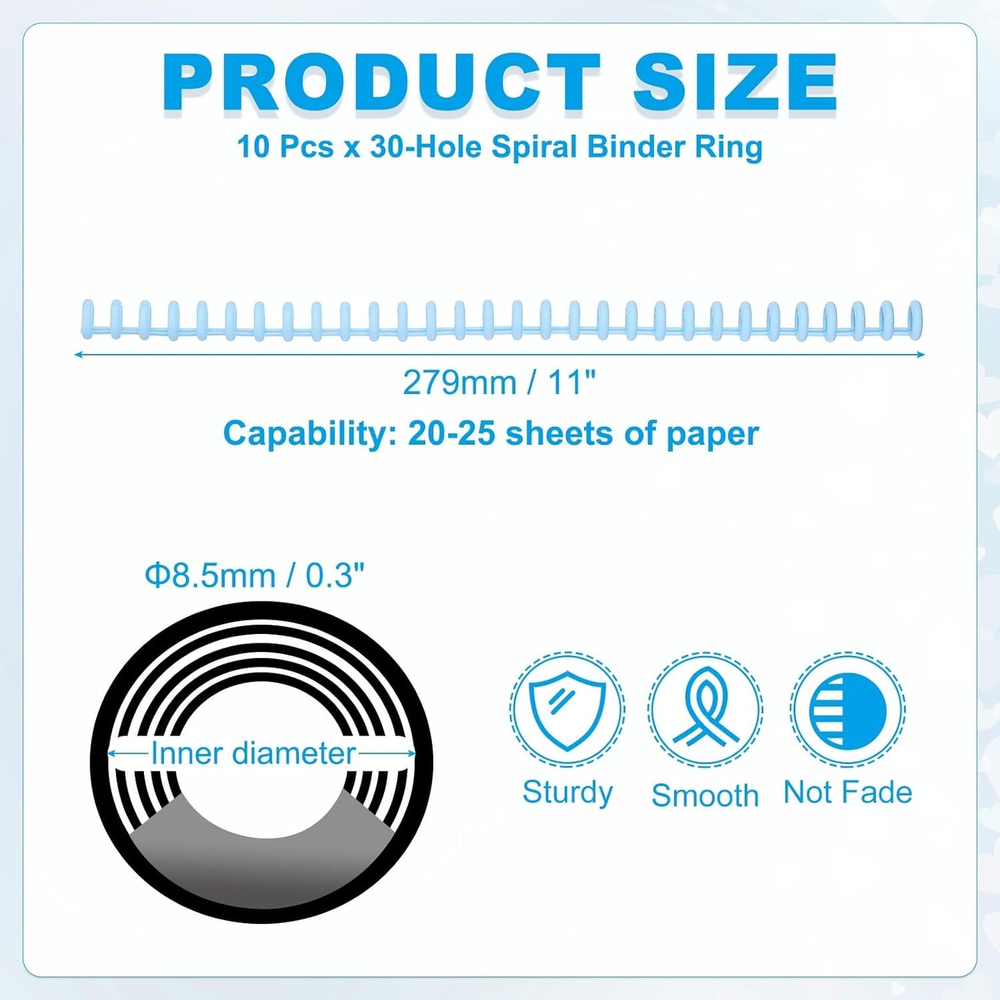 PATIKIL 8.5mm(0.3") Spiral Binder Ring,10 Pcs 30 Rings 25 Sheet Capacity Comb Binding Spines for Binding Paper Sheets Notebook Calendar Picture Album, Sky Blue