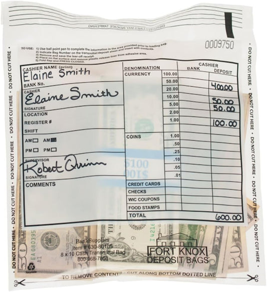 BankSupplies Clear Cash Deposit Bags | 8W x 10H | 500 Pack | Tamper-Evident Peel | Write-on Panel | Perforated Bottom | Matching Serial Number & Barcode | Deposit Plastic Bags