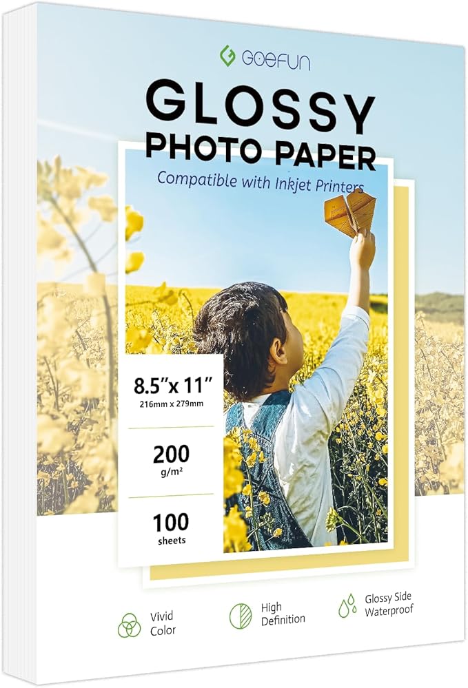 Glossy Photo Paper 8.5x11 Inch, Goefun 200GSM/54LB Inkjet Printer Paper for Dye Ink,100 Sheets