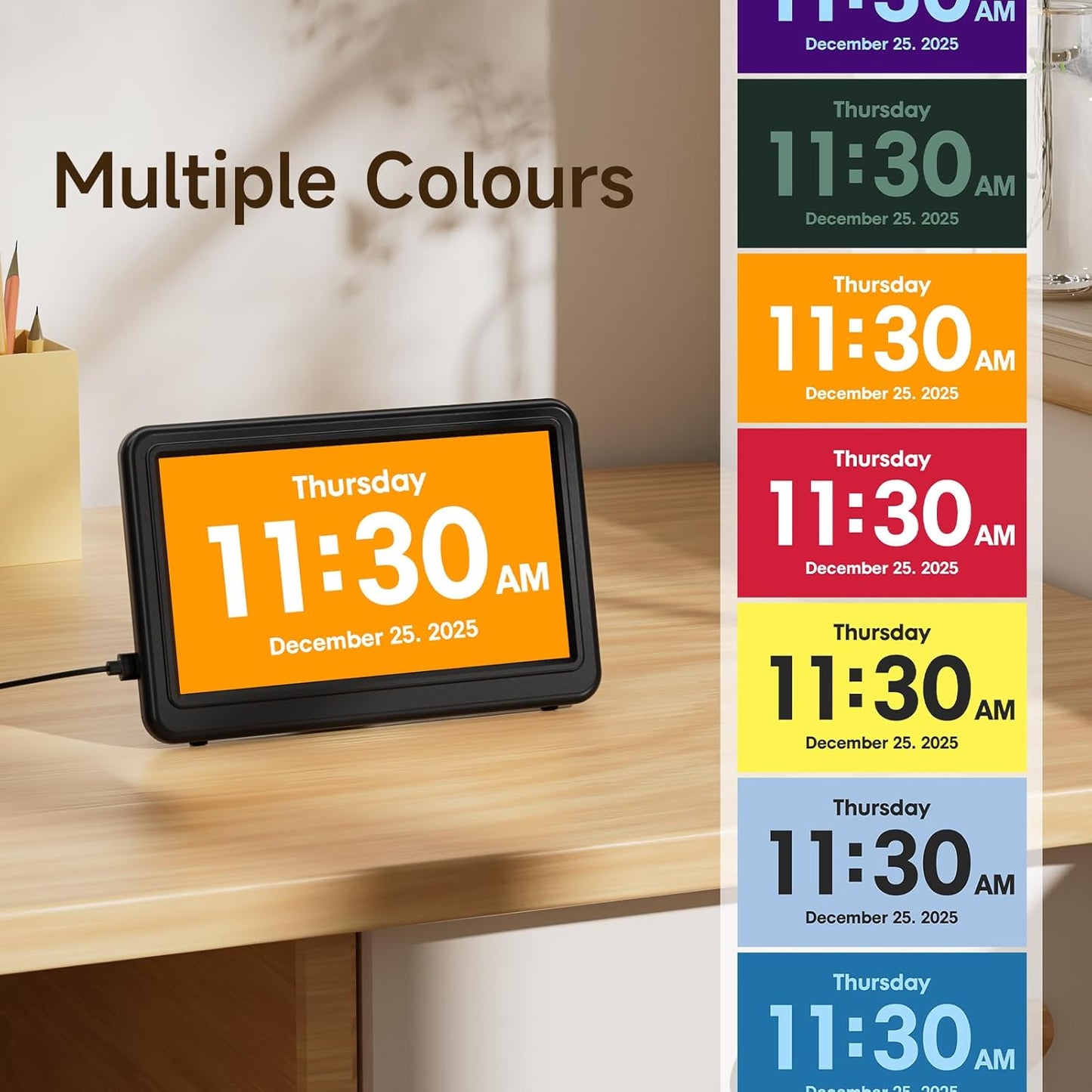 Raynic Date Clock, Digital Calendar Clock with 12 Themes, 20 Alarms, 20 Reminders, Semi-Automatic Dimming, 12/24 Hours, Auto DST for Desktop, Office, Students (Black, 7 Inches)