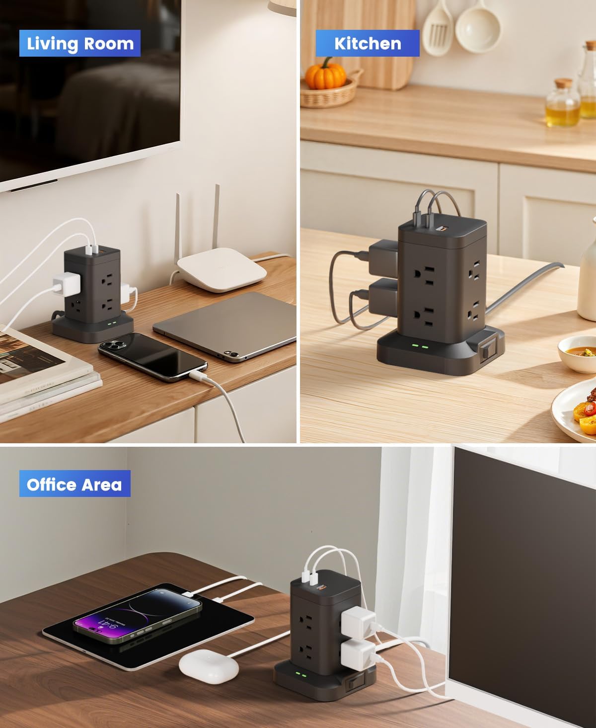 Power Strip Tower with Surge Protector 1800J, Fast Charging Tower PD20W USB-C Ports with 8 AC Outlets, 6ft Extension Cord for Home Office Dorm Room, Black