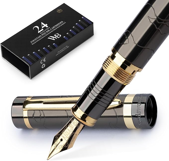 Wordsworth & Black Primori Fountain Pen Set [Gunmetal Gold]; Extra Fine Nib, Gift Case, 24 Ink Cartridges, Refill Converter, Manual; Journaling, Calligraphy, Smooth Writing Pens; Left and Right Handed