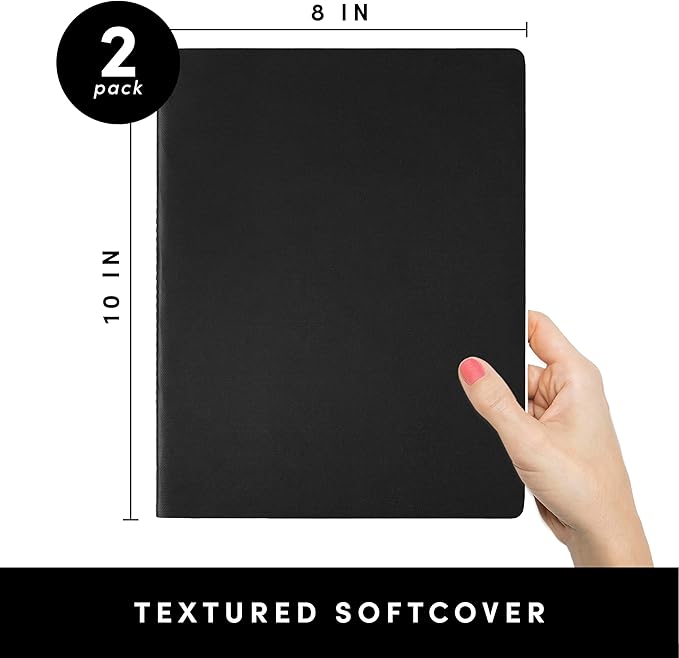 PAPERAGE Soft Cover Blank Journal Notebook, 2 Pack, (Black), 100 Pages, Large 7.5 inches x 9.5 inches, Ideal for Sketch Book, Note Taking & Travel Journal