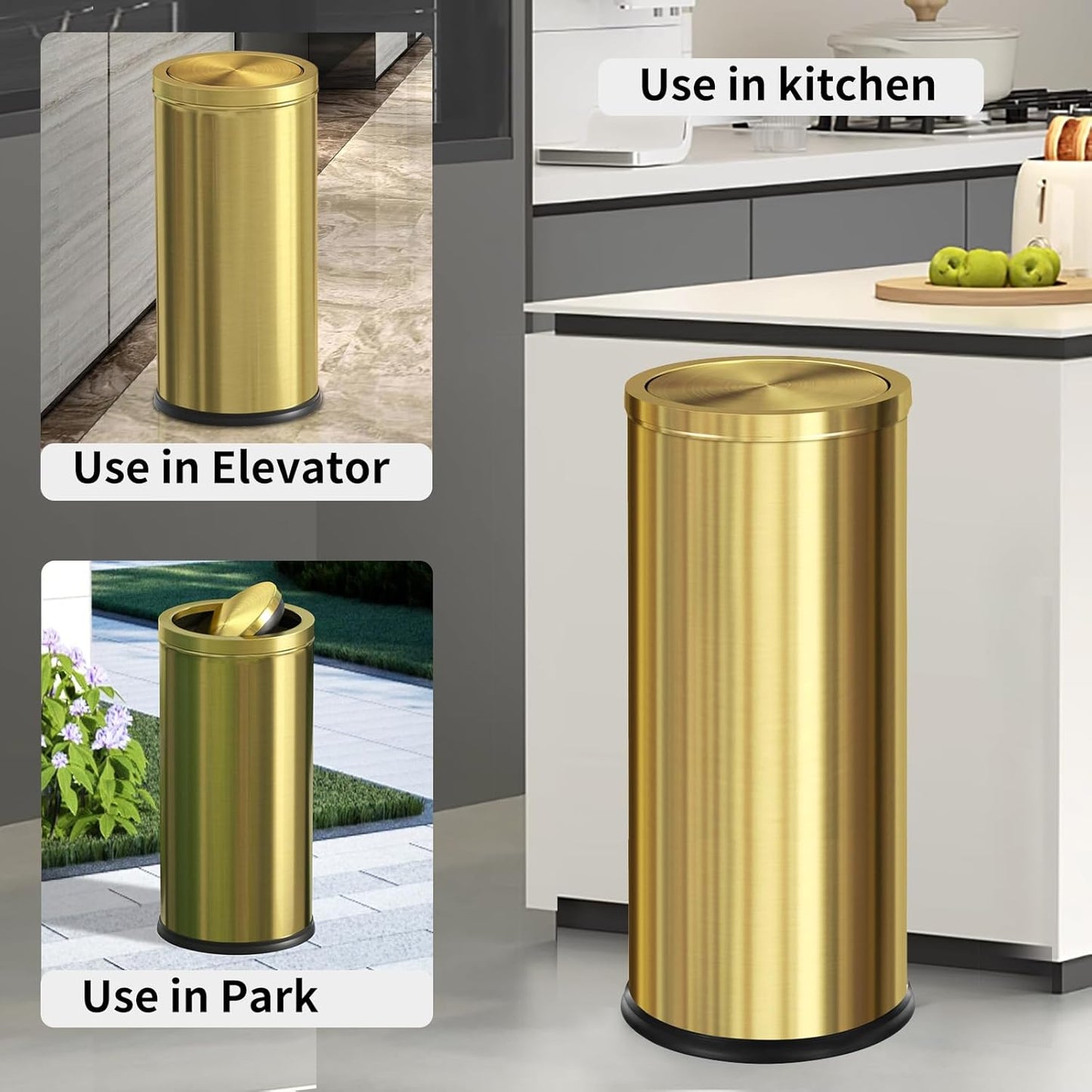 Brushed Gold Kitchen Trash Can with Swing Lid 7.8Gallon,Stainess Steel Commercial Garbage Can Wastebaskets for Shopping mall,Hotel Lobby,Airport, Elevator Entrance Using(Gold, 7.8 Gallon)
