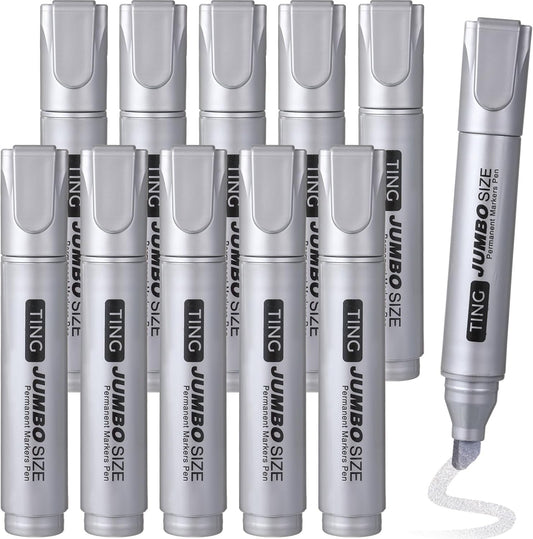 Fuutreo 10 Pack Jumbo Permanent Markers Bulk Large Chisel Tip Permanent Markers Quick Drying Waterproof Big Huge Poster Pens for Office, Logistics Company and More(Silver)