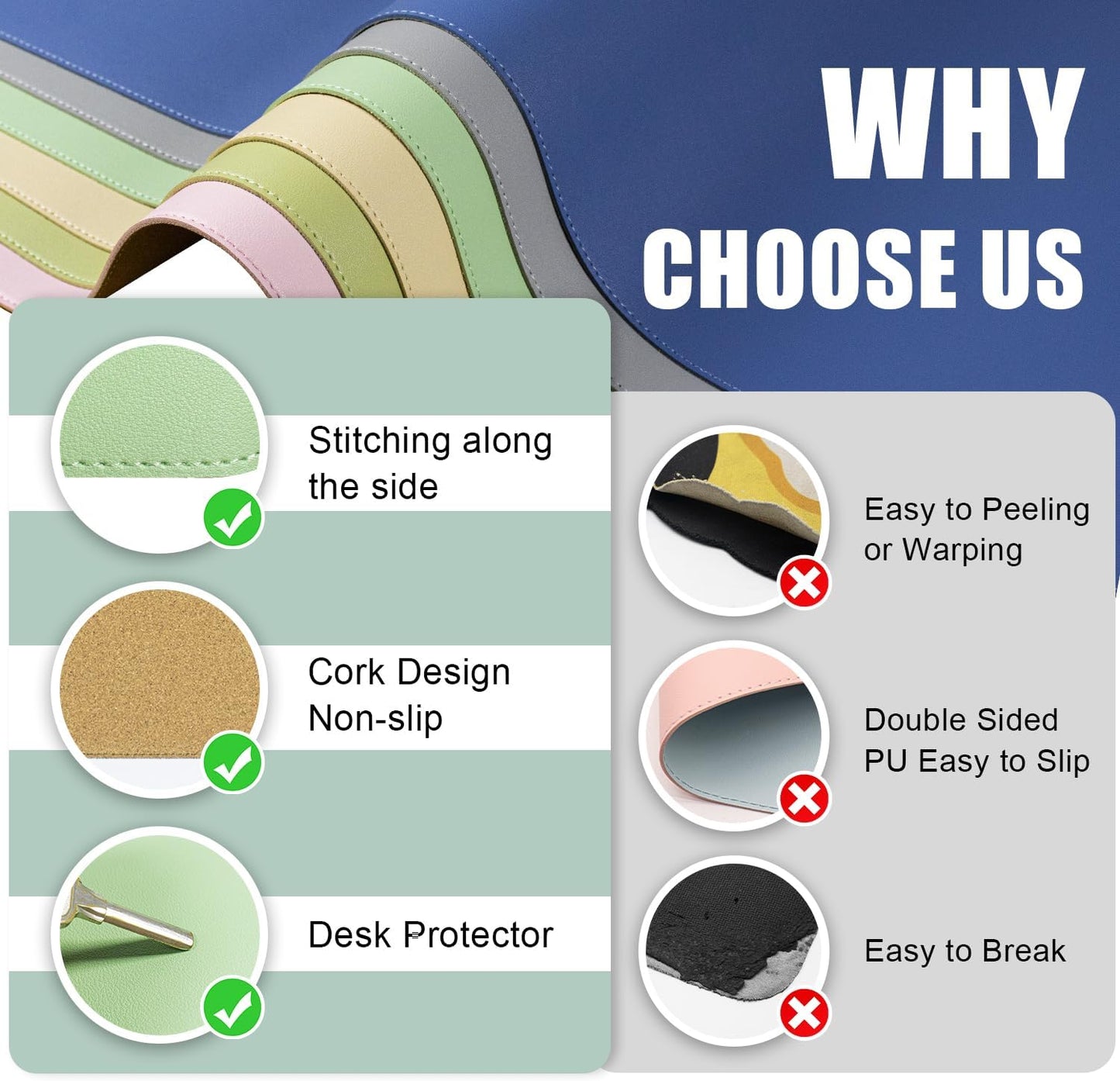 BLESWIN Large Desk Pad Mat 47.2"" x 17"", Office Desk Mat, Non-Slip PU Leather & Cork Desk Blotter for Keyboard and Mouse, Large Desk Mat, Large Mouse Pad for Office & Home(Light Green)