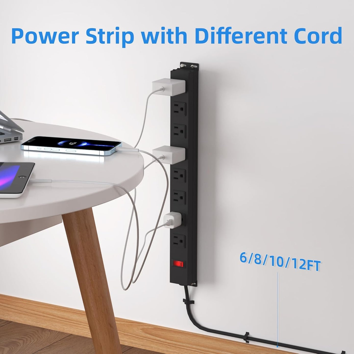 8 Outlet Metal Power Strip 10ft,Heavy Duty Power Strip with Wide Spaced,Black Power Strip with Long Cord for Kitchen,Office,School,Commercial,Workshop,Industrial,1825W/125V/15A,Black (10FT)