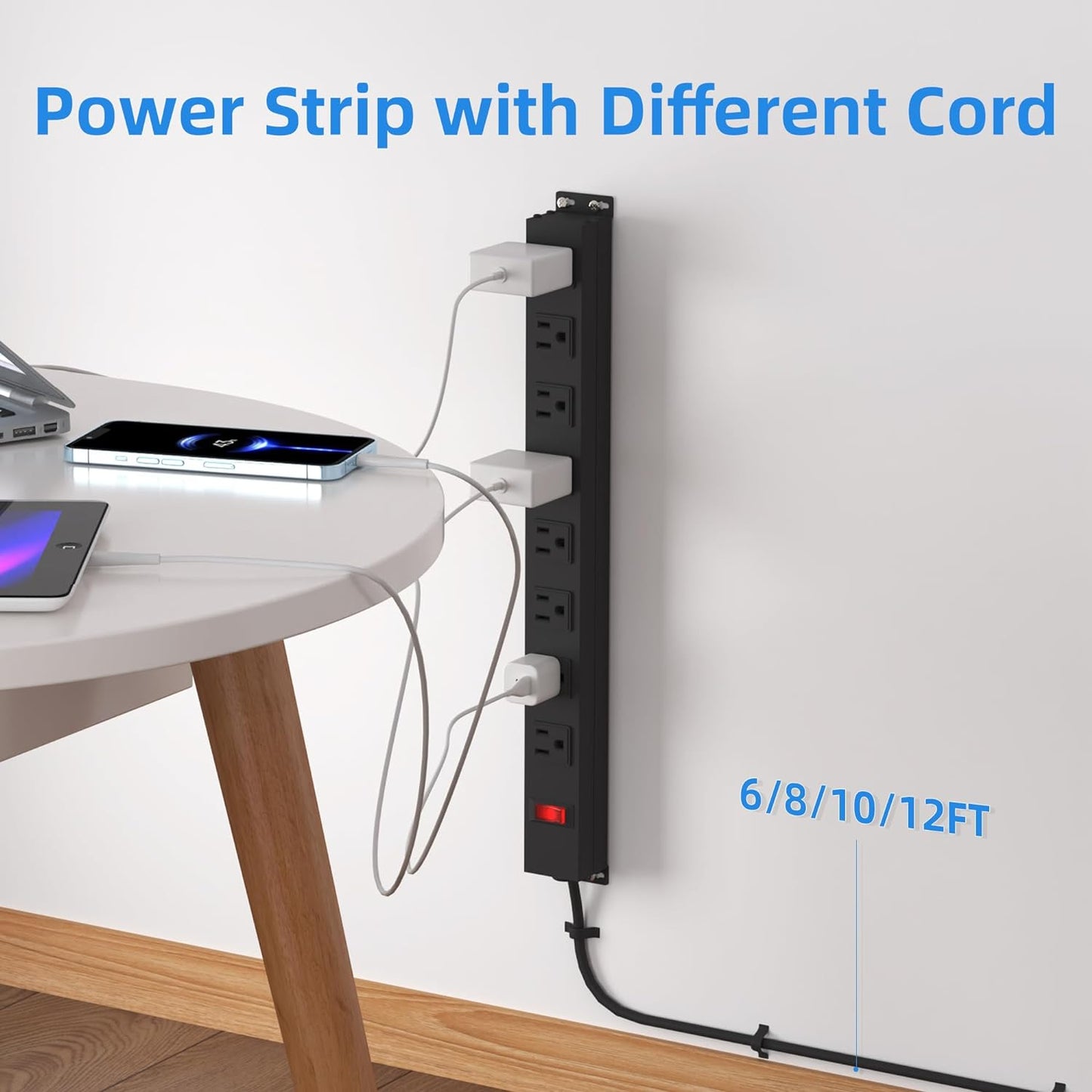 8 Outlets Metal Heavy Duty Power Strip with 12 Ft 14AWG Power Cord,Wide Spaced Outlets,Wall Mount Long Power Strip for Commercial,Industrial,School,Garage,Home,15A 125V 1875W,Black (12FT)