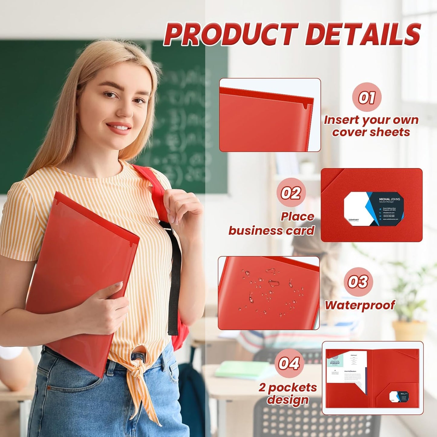 Henoyso 60 Pcs Plastic Folders with Clear Front Pockets Heavy Duty File Folders with 2 Pockets and Card Slot for Student Communication School Office Presentation Report (Red)