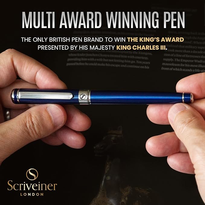 Scriveiner Personalized Midnight Blue Pen - Stunning Blue Lacquer Luxury Pen, Chrome Finish, Schmidt Ink Refill, Best Engraved Roller Ball Gift Set for Men & Women, Custom Name Engraving