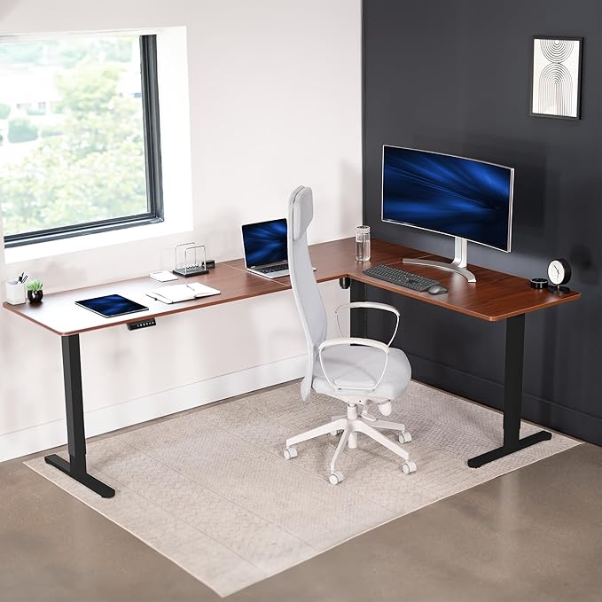 VIVO Electric Corner L-Shaped 84 x 63 in Standing Desk, Memory Height Adjustment, Dark Walnut Top Black Frame, DESK-E3CTBD-84