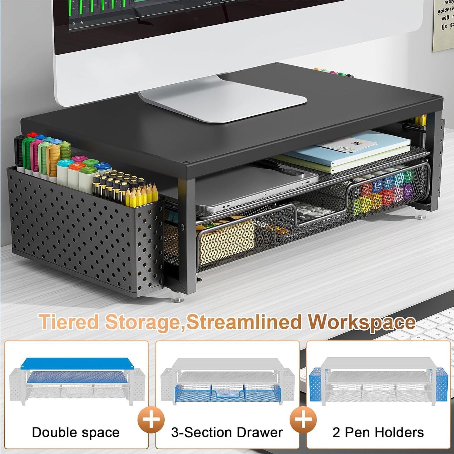 gianotter Wood Monitor Stand Riser, Office Desk Shelf Organizer, Desk Organizer with Drawer and Pen Holder, 2-Tier Computer Stand, Office Organization (Ink)