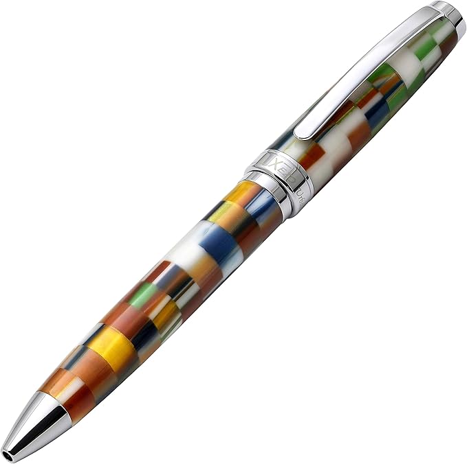 Xezo Urbanite II Twist Action Ballpoint Pen, Medium Point. Jazzy Multicolor Checkered Acrylic on Brass. Chrome Plated. Handcrafted, Limited Edition, Serialized