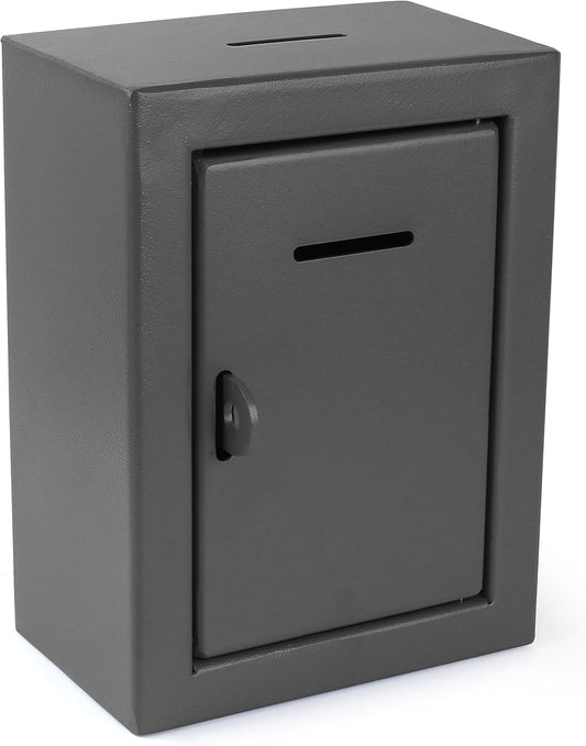 Metal Charity Donation Box - Secure Steel Collection Box with Front Slot, Easy Wall Mount, 8.5x6.5x4" Gray