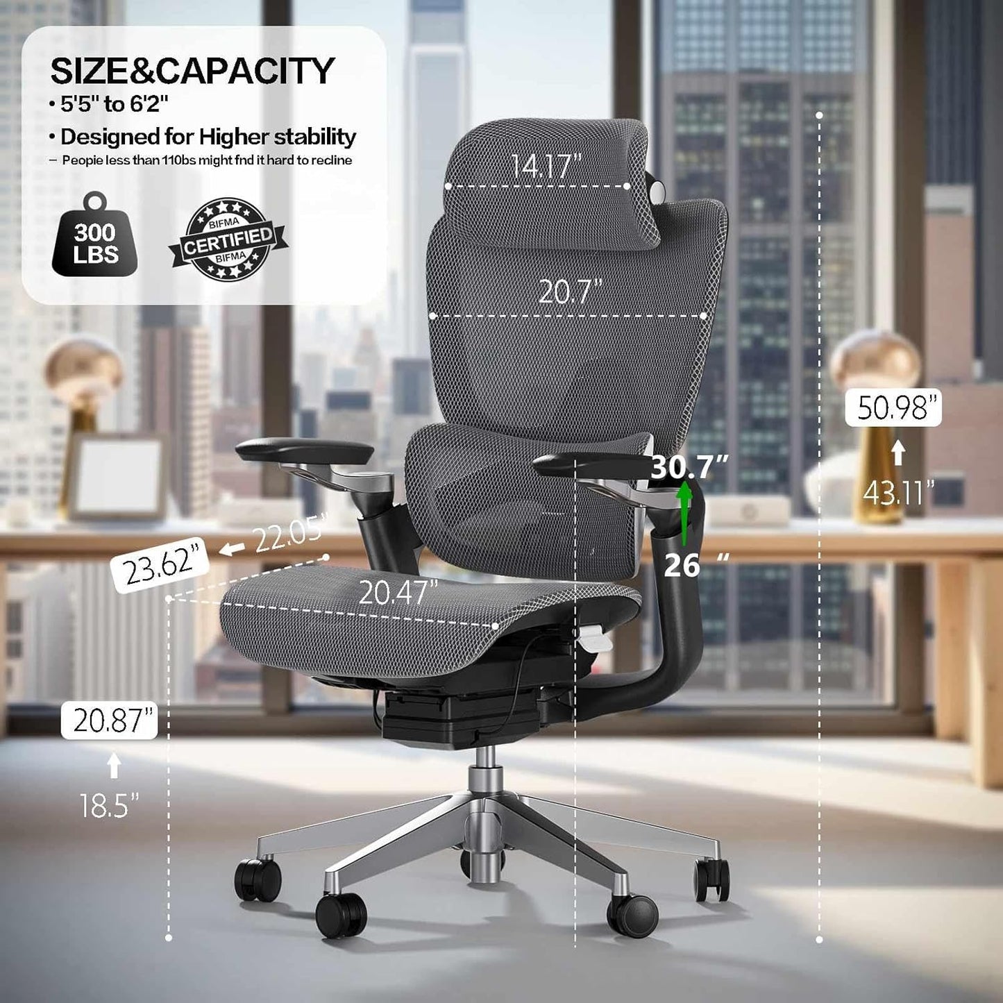 Ergonomic Office Chair, Mesh Home Office Desk Chair with Adjustable Lumbar Support, Gaming Chair with Headrest, 5D Armrest,90-130°Tilt, BIFMA Certified, Model Zen (Grey)
