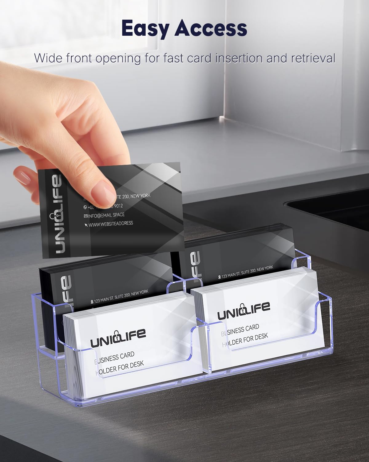 Uniclife 2 Pack Acrylic Business Card Holder for Desk 2 Tiers 4 Slots Clear Business Card Display Stand for Men & Women Desktop Business Card Organizer Card Stand for Office Home, 240 Card Capacity