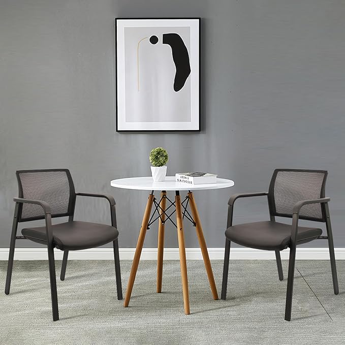 CLATINA Stackable Office Chair, Mesh Back Guest Chairs with Comfortable Leather Seat Arms Stacking Ergonomic Desk Chair No Wheels for Conference Waiting Reception School Stationary, Black, Set of 2