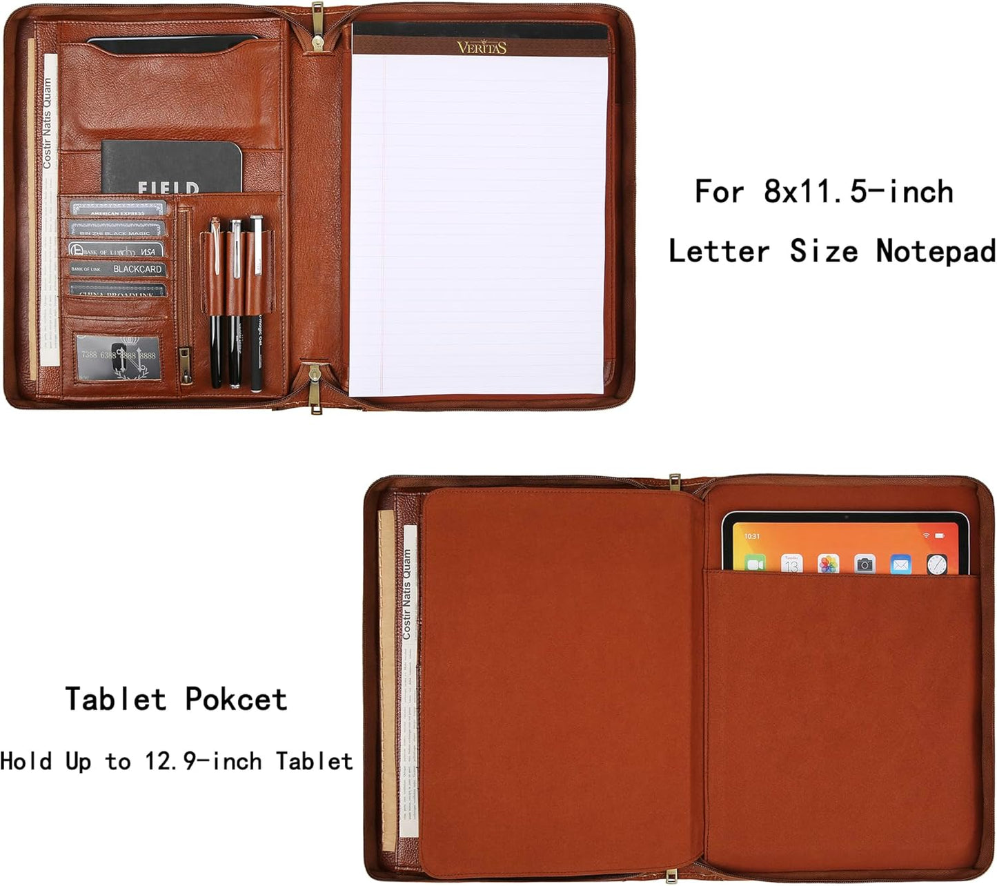Personalized Leather Portfolio Organizer for IPad/Document, Business Padfolio with A4 Leather Notepad Holder, Custom Leather Compact Folder Conference Portfolio for Men and Women, Oil-Brown