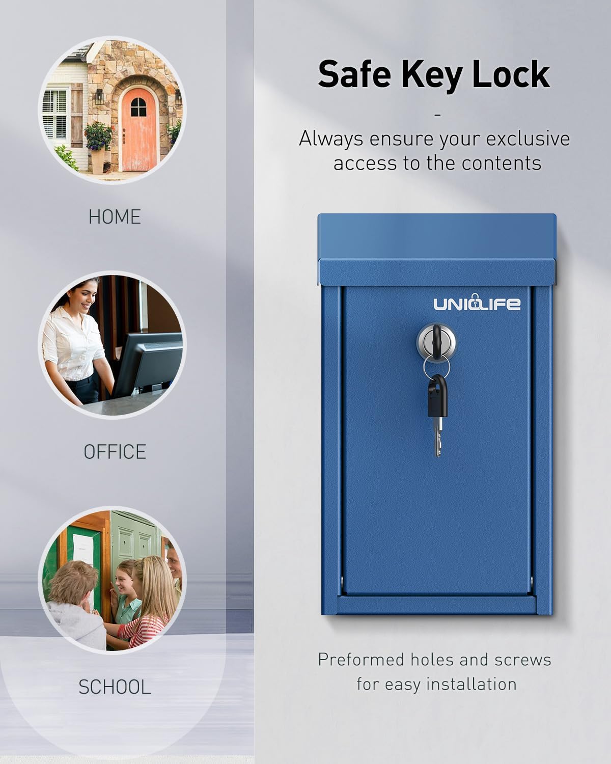 Uniclife Key Drop Box for Outside, Blue Metal Donation Box Collection Boxes with Key Lock, Safe Suggestion Boxes, Wall Mounted Mailbox with Top Slot, Steel Cash Drop Chest for Office Business