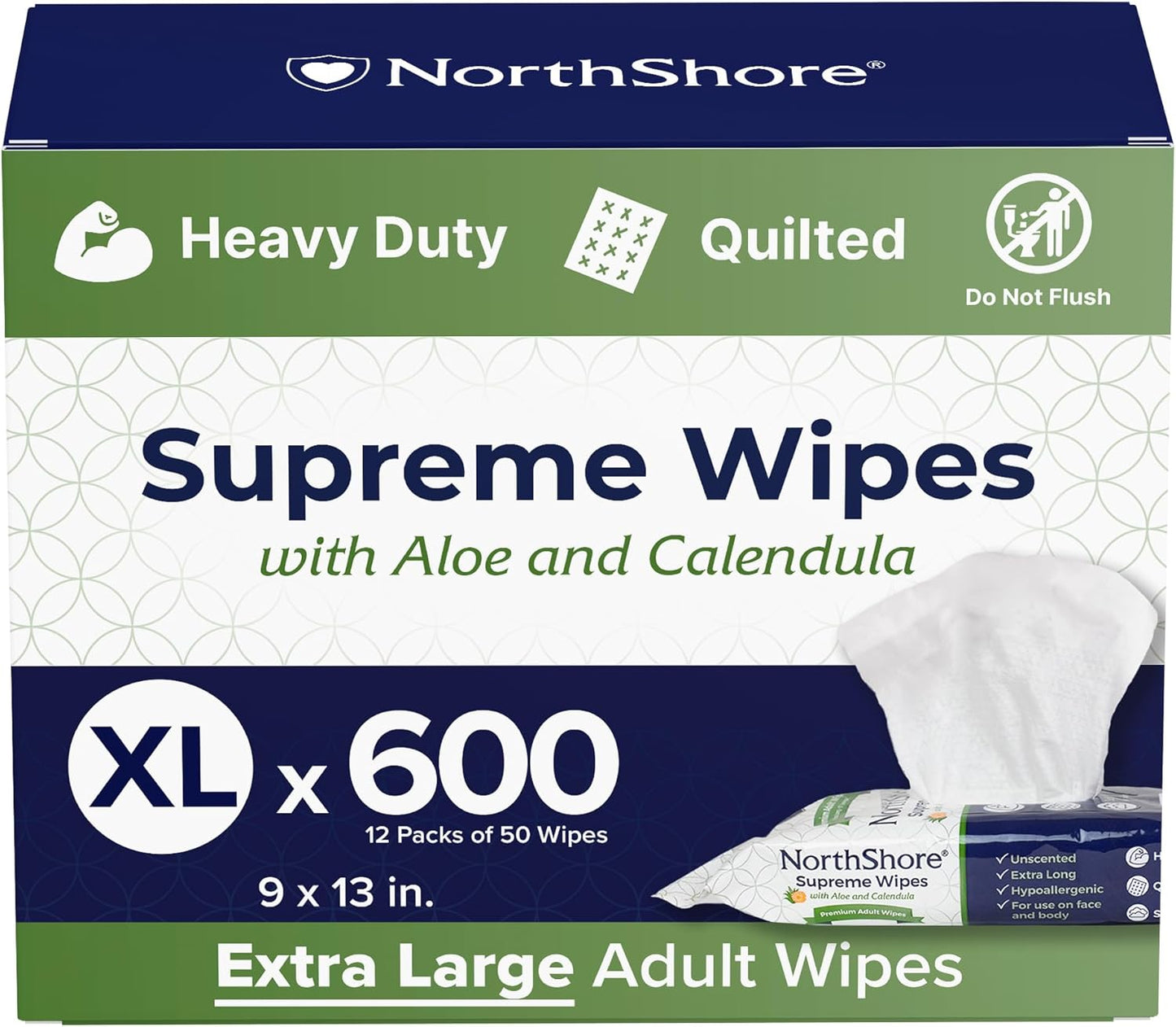 NorthShore Supreme Heavy-Duty Quilted Wipes, X-Large, 9 x 13 in., Case/600 (12/50s)