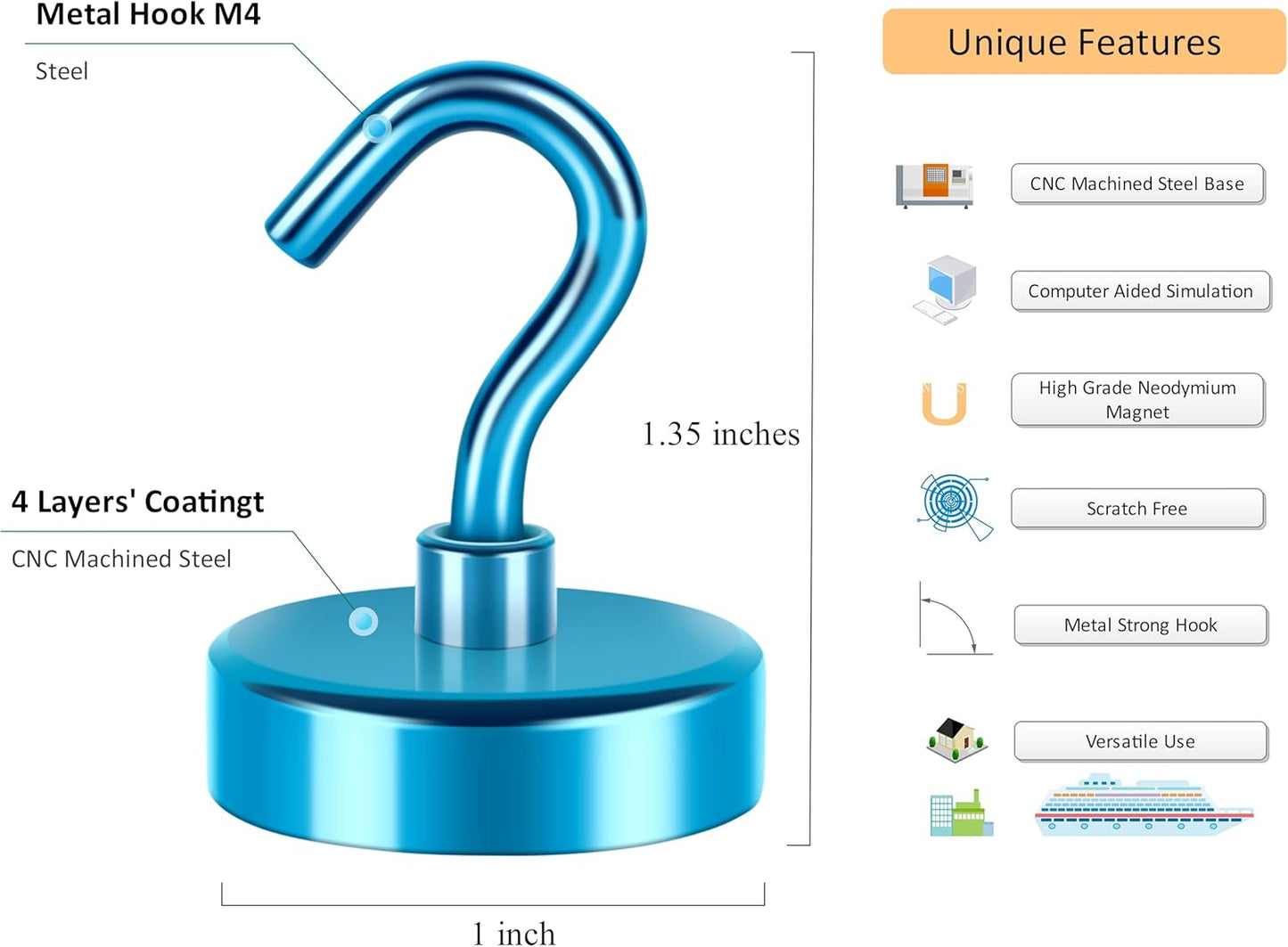 Neosmuk Magnetic Hooks Heavy Duty,Strong Magnet with Hook for Fridge, Super Neodymium Extra Strength Industrial Hooks for Hanging, Magnetic Hanger for Toolbox, Cruise, Grill(RoyalBlue,4 Pack)