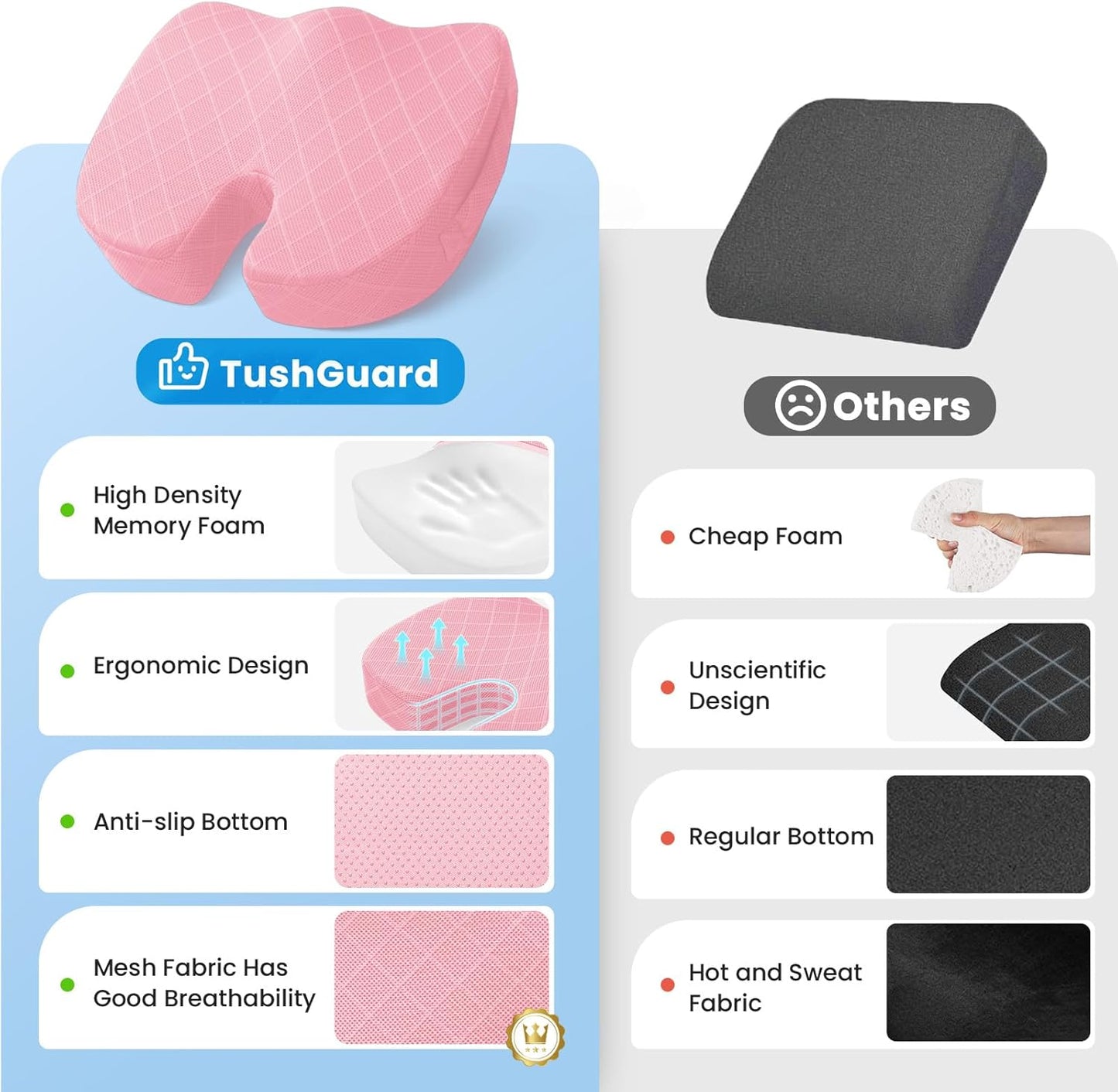 TushGuard Office/Car Seat Cushion, Non-Slip Sciatica & Back Coccyx Tailbone Pain Relief Chair Pad, Memory Foam Butt Pillow for Computer Desk, Wheelchair, Driving (Pink, X-Large)