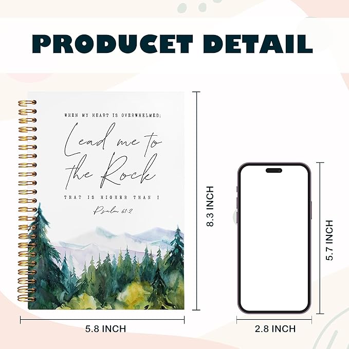 BearCake Christian Notebook Journal, Prayer Journal for Women, Lead Me To the Rock That is Higher Than I Bible Notebooks for Note Taking, Watercolor Woodland Hardcover Spiral Notebook 5.5x8.3