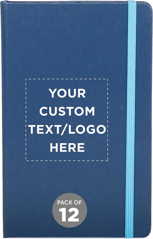 DISCOUNT PROMOS Custom Hardcover Notebook Journals with Elastic Colored Band Set of 12, Personalized Bulk Pack - Perfect for School, Office, Home - Blue