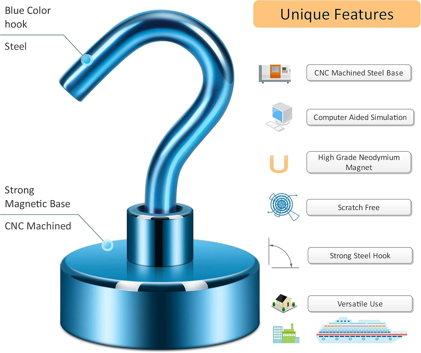 Neosmuk Magnetic Hooks,Heavy Duty Earth Magnets with Hook for Refrigerator, Extra Strong Cruise Hook for Hanging, Magnetic Hanger for Cabins, Grill (Blue, Pack of 4)