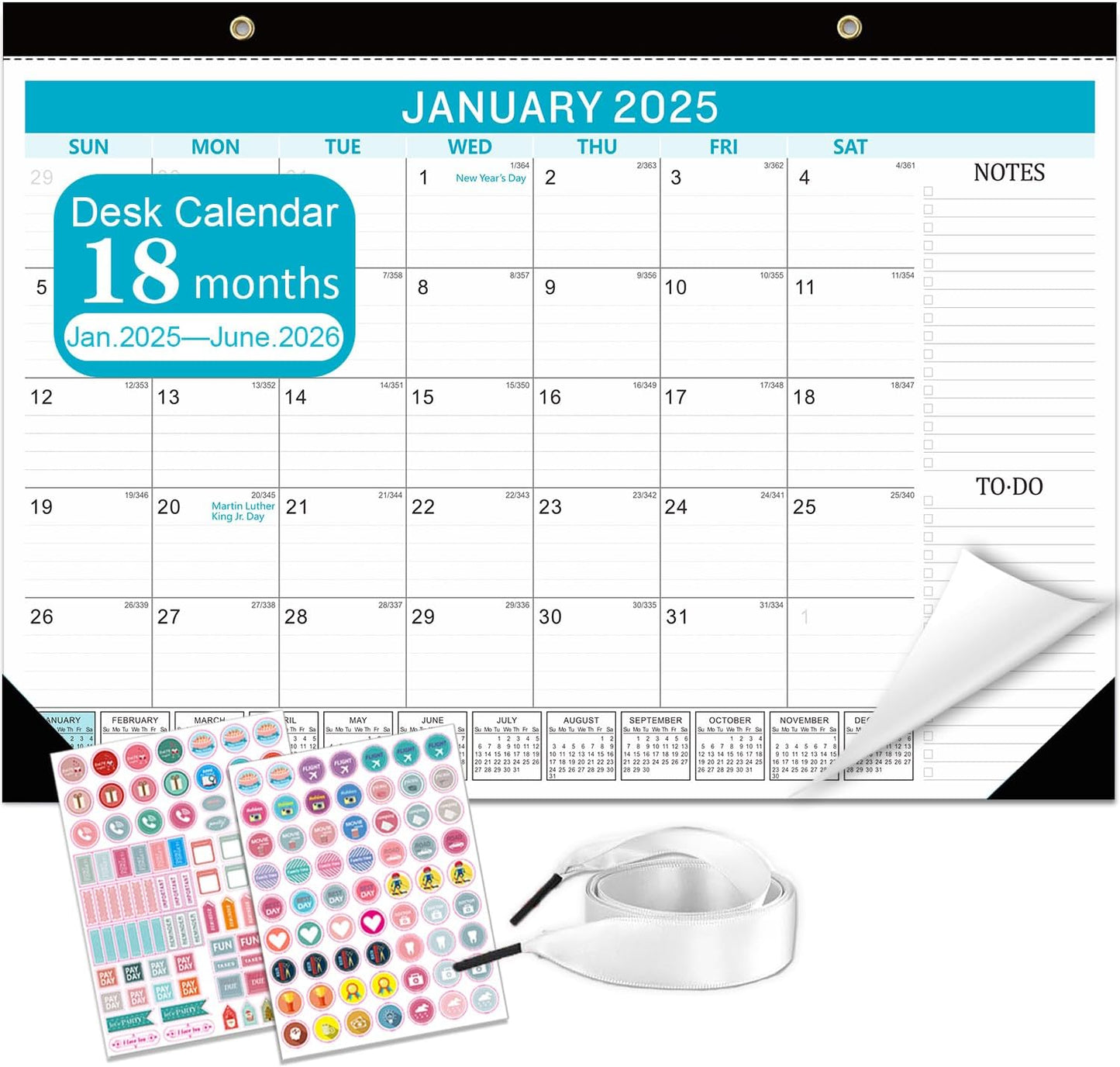 Lateefah Desk Calendar 2025-2026, Runs Jan 2025 to Jun 2026, 2025 Desk Pad Calendar with to-do List, 18 Monthly 17" x 12" Desk Calendar for School, Home or Office