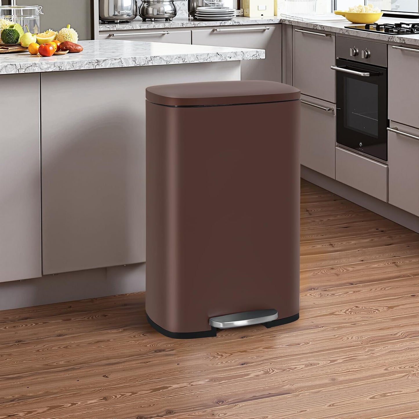 PayLessHere Stainless Steel Trash Can with Lid - Removable Inner Bucket, Foot Pedal Soft Close for Office, Home, Kitchen Garbage Bin (Brown, 13 G)