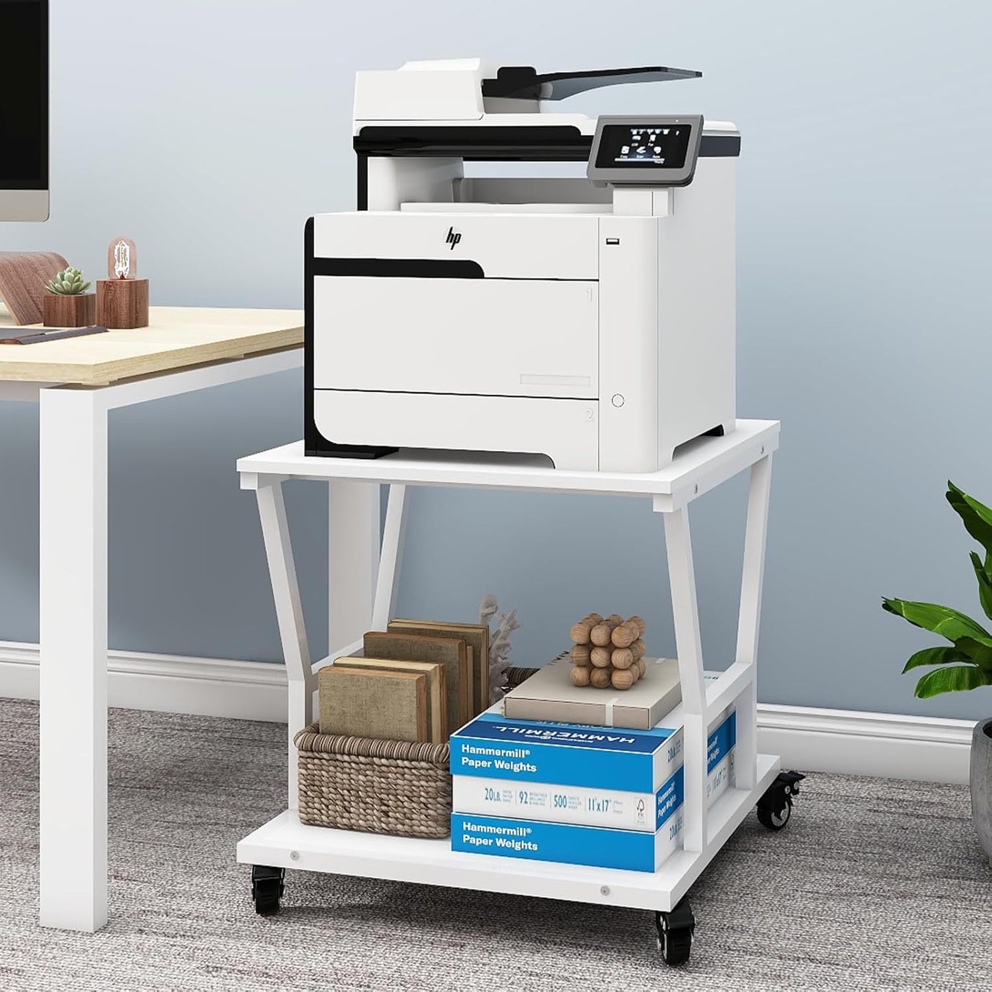 Natwind 2-Tier Large Printer Stand,23.6"x23.6"x29.5" Heavy-Duty Printer Table Cart with Paper Storage Shelf & Wheels,Ideal for Home Office Laser Printers, Copiers (White)