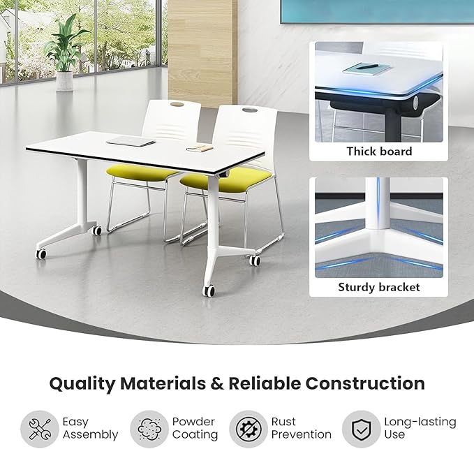 Conference Table Folding Conference Table, Modern Conference Room Table White Meeting Table Flip Top Large Mobile Training Tables, Mobile Training Seminar Tables for Office Classroom (4pack 63in)