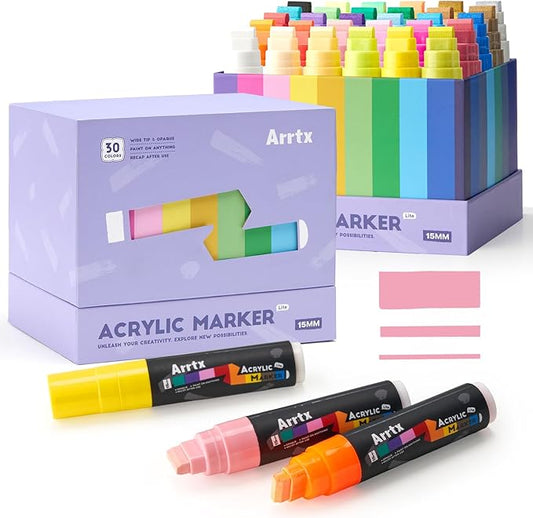 Arrtx 30 Color Acrylic Jumbo Markers 15mm Jumbo Felt Tip, Acrylic Paint Pens for Rock Painting, Stone, Glass, Easter Egg, Wood and Fabric Painting-Acrylic Markers DIY Crafts Making Art Supplies