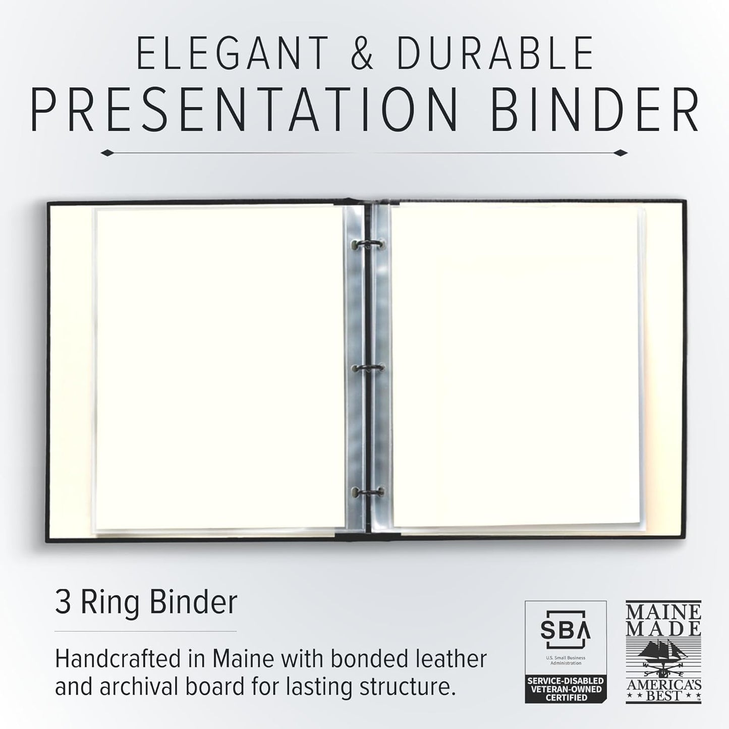 Gallery Leather 3 Ring Binder with Plastic Sleeves, Includes 10 Sheets, Sheet Size: 8.5" x 11" - Presentation Binder Rings with Hubbed Spine, Thick: 0.75" Freeport Slate