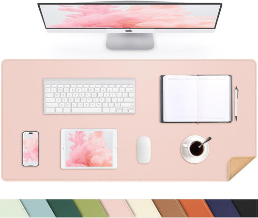Leather Desk pad Protector, Large Desk mat with Natural Cork & PU Leather,Mouse pad,Non-Slip Office Desk Mat,Waterproof Desk Writing Pad for Office and Home (35in*17in, Rose Pink)